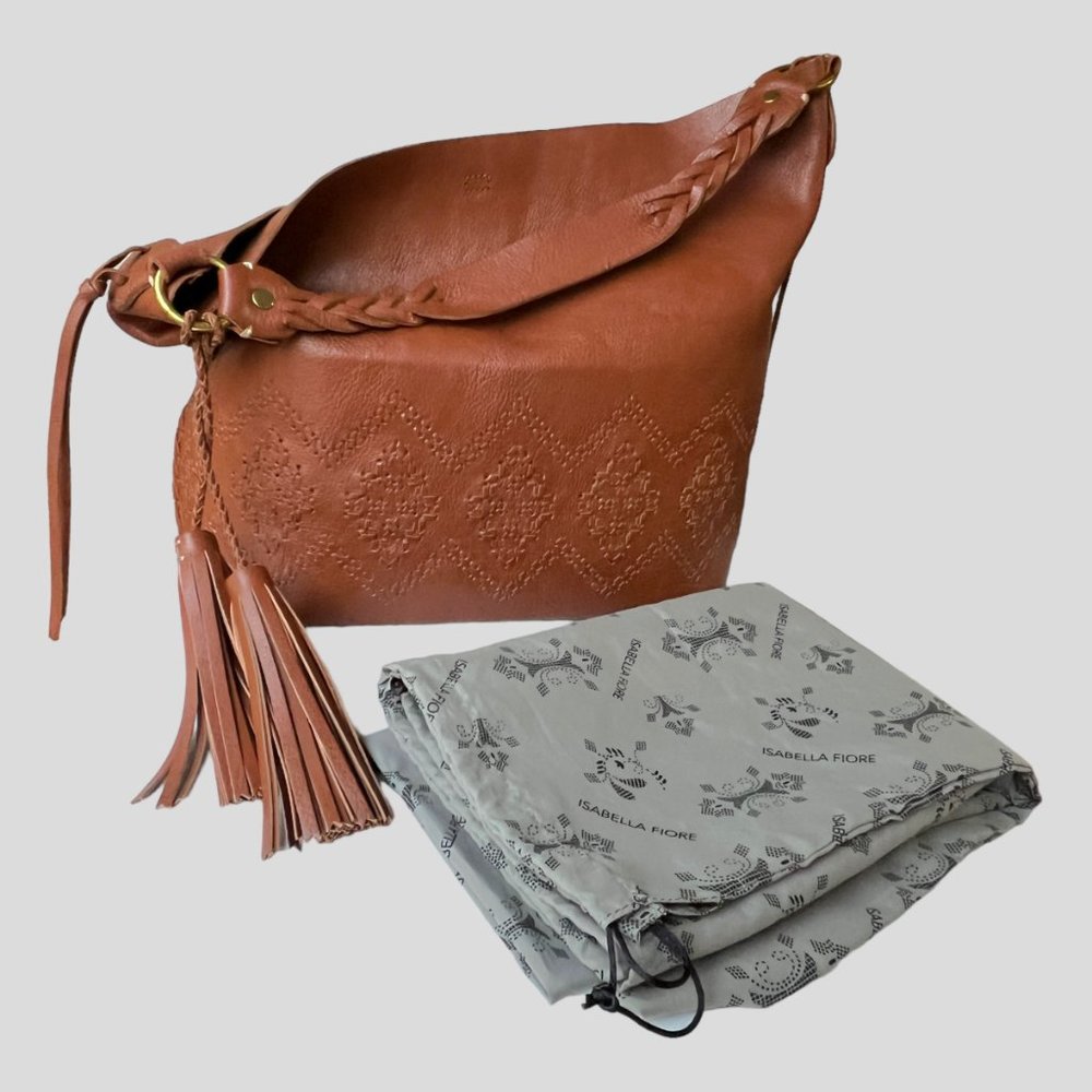 Isabella Fiore Mary Artisanal Braid Leather Hobo Large Handbag in Cognac - Picture 3 of 9